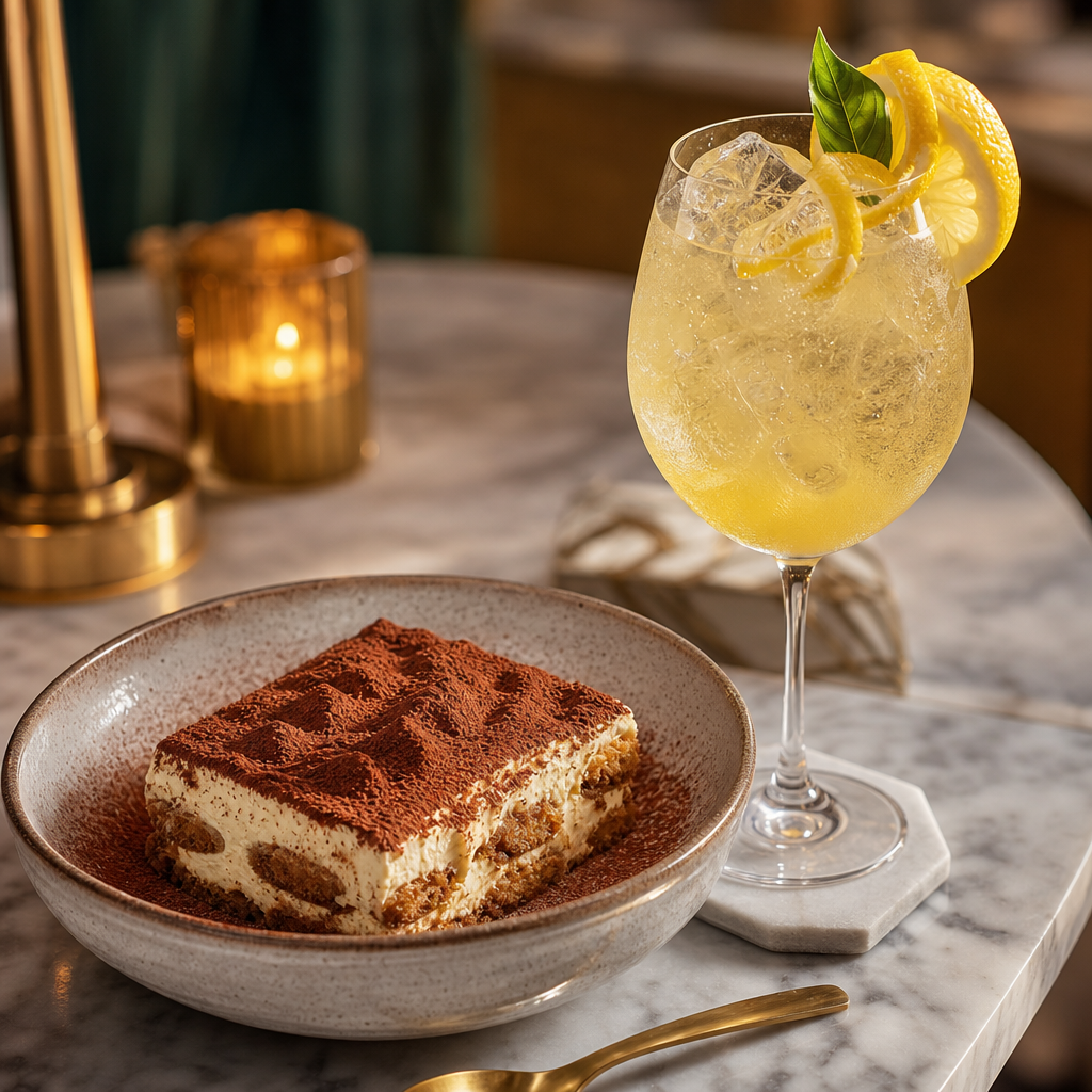 Postre y spritz con presentación elegante en ambiente cálido.
