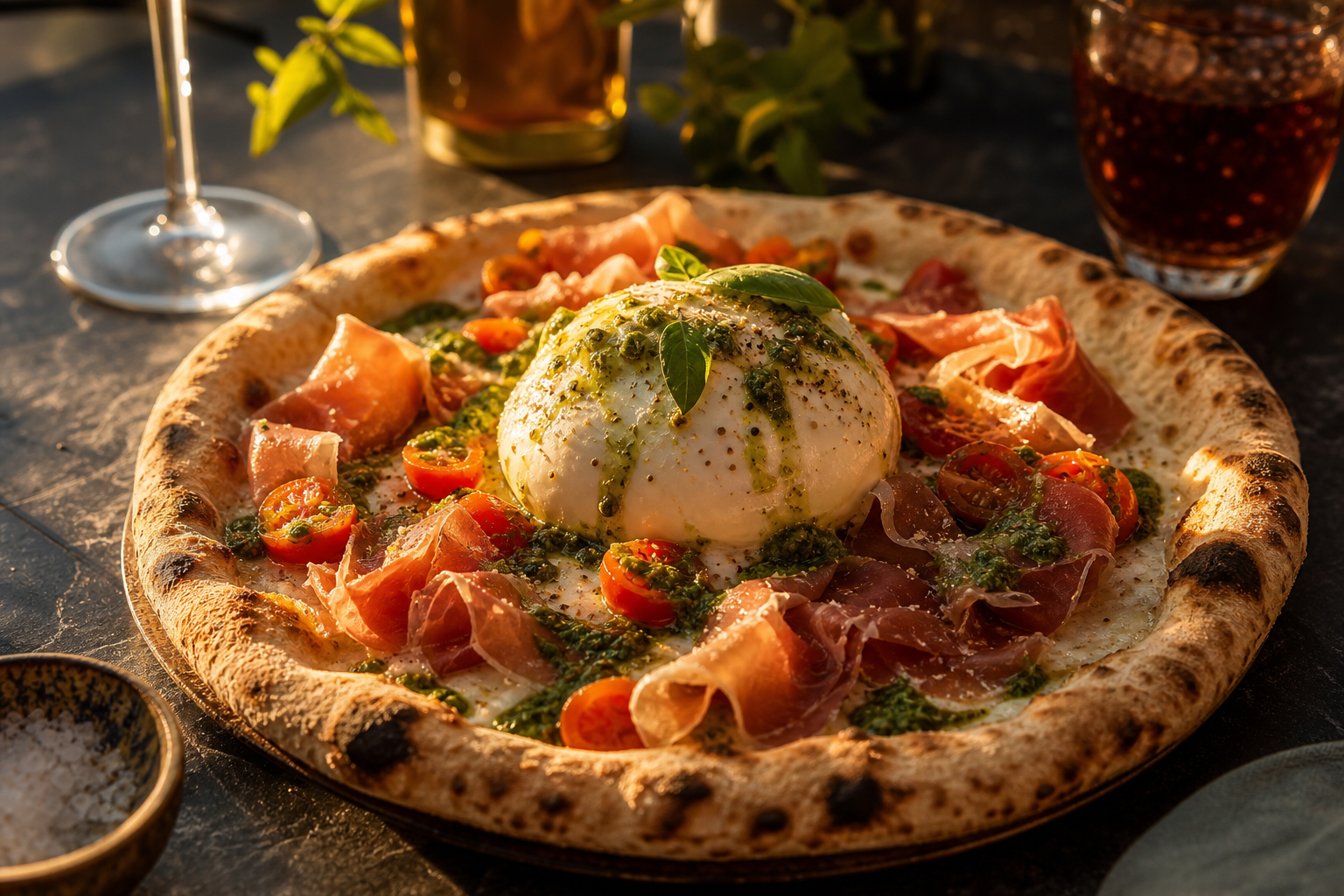 Pizza de burrata y prosciutto servida en mesa de piedra con luz cálida.