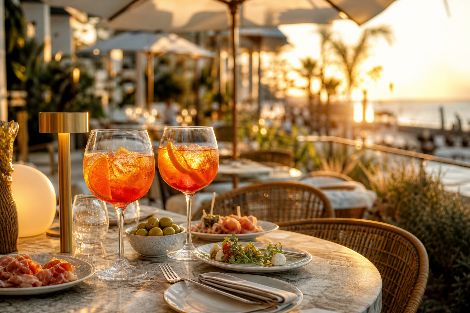 Terraza de estilo mediterráneo con spritz y luz de atardecer.